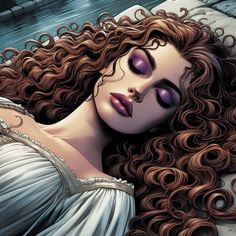 a drawing of a woman with curly hair and purple eyes laying on a stone wall