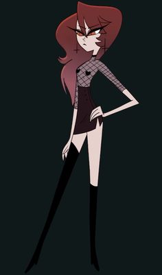 a cartoon character with long red hair and black stockings, standing in front of a dark background