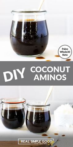 two jars filled with homemade chocolate coconut jam and the words diy coconut amimos