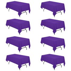 six purple tablecloths with black metal legs are shown in four different positions on a white background