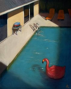 a painting of a pink flamingo swimming in a pool next to a beach chair