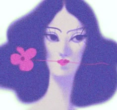 a woman with long black hair holding a flower in her mouth