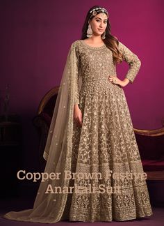 Copper Brown Festive Anarkali Suit Gown Designs Pakistani, Light Purple Colour Dress, Gown For Marriage, Purple Colour Dress, Latest Gown Designs, Long Anarkali, Designer Salwar Kameez, Gown Suit, Salwar Kamiz