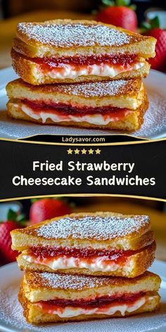 two sandwiches stacked on top of each other with strawberries and powdered sugar in the background