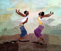 two women are dancing with their arms spread out in front of the sky and clouds