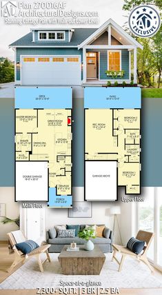 two story house plan with 2 car garage and living room in the front, from floor to ceiling