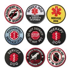 six different patches with the words and symbols in red, white, blue, black and yellow