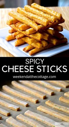 the recipe for spicy cheese sticks is shown on a plate