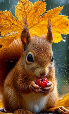 a red squirrel eating a berry in the rain with yellow leaves around it and water droplets on its face