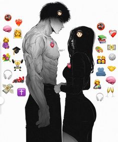 two people standing next to each other in front of many different emotication icons