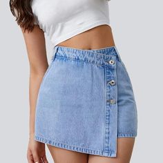 Xl Flvsun Denim Shorts Women Casual High Waisted Solid Button Up Asymmetrical Denim Jean Skort Skirt Mini Shorts Light Blue Jean Skort, Short Pollera, Denim Skort, Skirt Shorts, Ripped Denim Shorts, Skirt Mini, Jeans Rock, Mini Shorts, High Waisted Shorts Denim