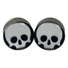 Pair of Chrome Skull Plugs Available in 12mm through 50mm. Double Flared. SOLD IN PAIRS. Quantity 1 = 1 pair. Guages With Earring, Cute Gauges, Chrome Skull, Gauged Ears, Burned Wood, Piercing Inspo, Black Clothes