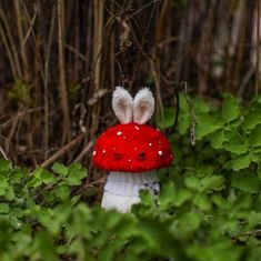 a small red mushroom sitting in the middle of some green plants and bushes with white dots on it's face