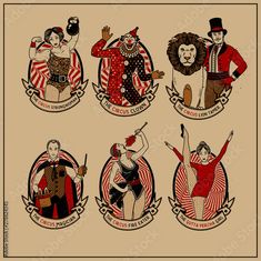 four vintage circus emblems with clowns and men in top hats, on beige background