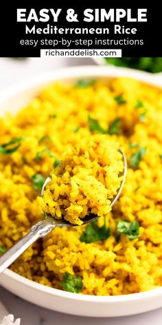 a white bowl filled with yellow rice and garnished with cilantro