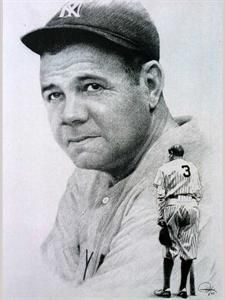 a black and white photo of a man in baseball uniform with a bat on his shoulder