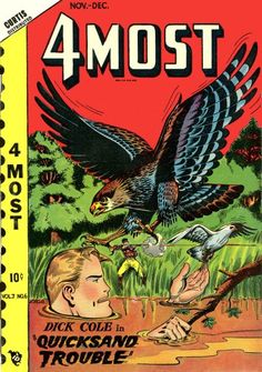 an old comic book cover with a bird flying over the head of a man and two birds