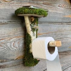 a toilet paper holder with moss growing on it