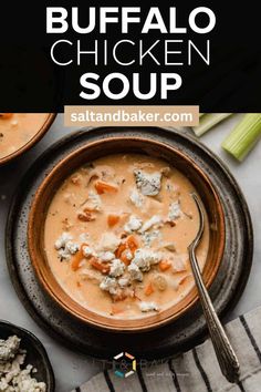 a bowl of buffalo chicken soup with celery and carrots on the side