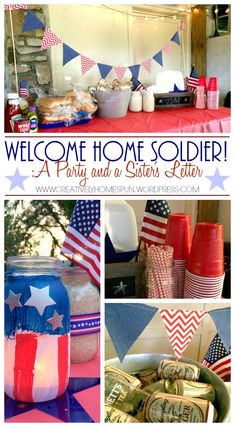 a patriotic party with red, white and blue decorations on the table is featured in this collage