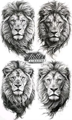 four lions with different faces and the words tattoo on them