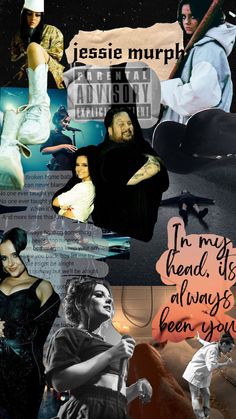 the collage has many different pictures and words on it, including one woman in a black dress