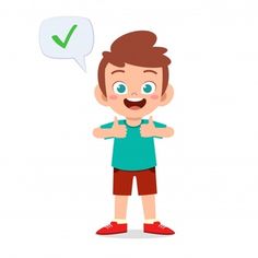 a young boy is giving the thumbs up sign with a speech bubble above his head