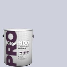 a white paint can with the word behr in purple on it's side