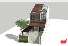 an architectural rendering of a house with a tree in the front yard and patio area