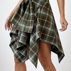 Purchased But Never Worn Overall Outfit, Swimwear Bottoms, Hem Skirt, Asymmetrical Design, Plaid Skirts, Plaid Print, Asymmetrical Hem, Plaid Pattern, Asymmetric Hem