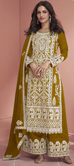 Gold color Salwar Kameez in Faux Georgette fabric with Embroidered, Sequence work Plus Size Lehenga, Suit With Dupatta, Palazzo Suit, Plus Size Suits, Festive Look, Casual Saree, Mustard Color, Traditional Attire, Suit Style