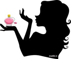 the silhouette of a woman holding a perfume bottle in one hand and an empty bottle in the other