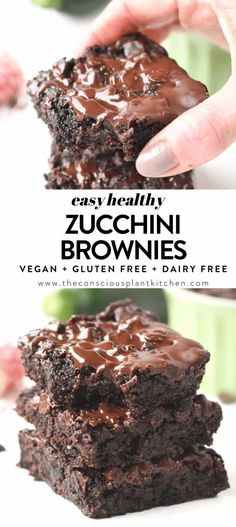 chocolate zucchini brownies are stacked on top of each other with the title overlay