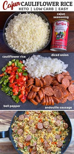 the steps to make cauliflower rice with sausage and peppers in a skillet