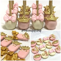 some pink and gold decorated cookies in the shape of shoes with crowns on them are sitting next to each other