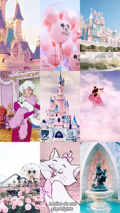 disney world collage with princesses, castle and pink balloons in the sky above them