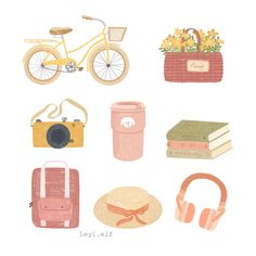 various items are arranged in the shape of a circle, including a bicycle and books