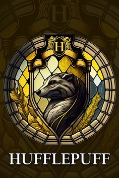 the logo for hufflepuff is shown in front of a stained glass window