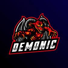 the demonic demon mascot logo for a sports team on a dark background with red and black colors