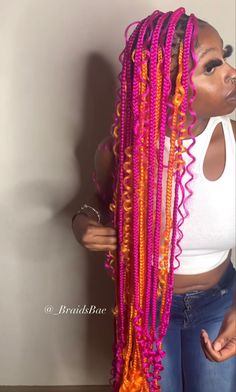 Braided Hairstyles Colored Hair, Half And Half Hair Color Braids, Split Color Braids, Light Blue Box Braids, Rainbow Knotless Braids, Pink Braided Hairstyles, Colorful Box Braids, Braided Designs, Pink Braids