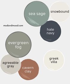 four different shades of gray and white with the words evergreen fog, green clay, sea sage