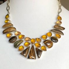 Blue & Brown Tigers Eye & Faceted Citrine Gemstones In Heavy Sterling Silver Necklace Pearl Rope, Green Stone Necklace, Brown Tiger, Layered Necklaces Silver, Pearl Necklace Set, Heart Locket Necklace, White Pearl Necklace, Stone Beaded Necklace, Casual Jewelry