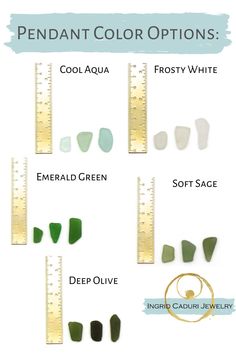 the different shades of sea glass are shown in this chart, including green and white