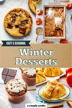 the cover of cozy and seasonal winter desserts, including apples, pies, creme