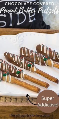 chocolate covered peanut butter pretzels on a white platter with text overlay