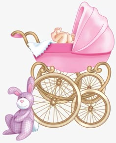 a baby in a pink stroller next to a bunny