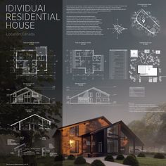 an architectural house is shown in two different sections, including the floor plan and elevation details