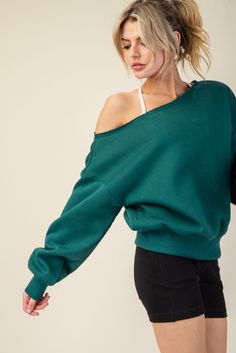 -Barre Off Shoulder Sweatshirt- Its giving Ballet Core! Elevate your casual style with our luxurious French terry top. The brushed interior adds softness, while the relaxed fit and slouchy silhouette offer comfort and effortless elegance. The unique raw-edged asymmetrical neckline completes the look, making it a perfect addition to your athleisure wardrobe. 60% Cotton, 40% Polyester, Machine Wash cold, tumble dry. Solid Color Relaxed Tops For Fall, Relaxed Solid Color Tops For Fall, Oversized Relaxed Top For Fall, Relaxed Fall Tops, Comfy Soft Texture Tops For Spring, Trendy Tops With Soft Texture For Loungewear, Casual French Terry Drop Shoulder Tops, Casual French Terry Top With Drop Shoulder, Oversized Comfy Tops In Solid Colors