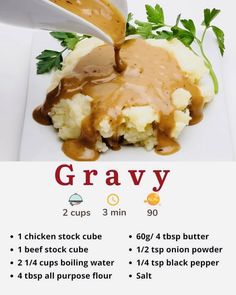 the gravy is being drizzled on top of mashed potatoes