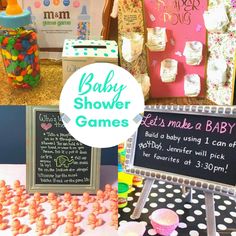 baby shower games are displayed in front of a table with cupcakes and candy